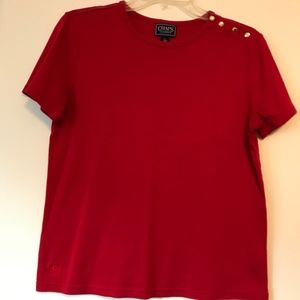 Classic red T-shirt with gold button embellishment